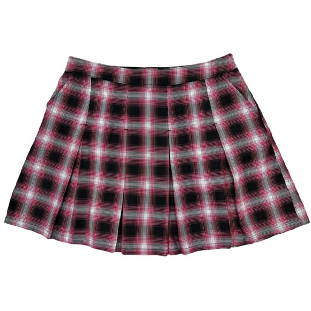 Dixxon Flannel Co VIPER Pleated Mini Skirt Large Pink Black Plaid Pockets Grunge